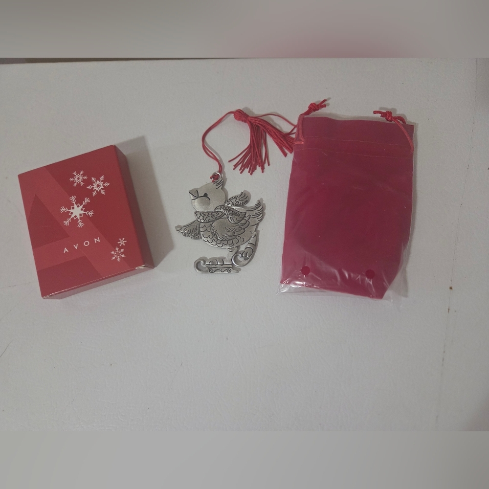 Avon 2017 Pewter Bird Christmas Chick Ornament 3" Red Tassel Original Bag/Box